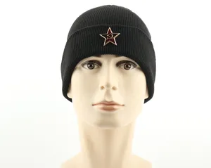 Black knitted beanie hat with red star hammer sickle badge for men and women autumn winter warm