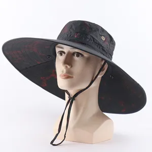 Detailed view of extra wide brim camo sun hat with breathable mesh and chin strap.