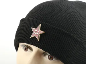 Unisex black knit cap with Soviet star badge, warm winter fashion skullcap for couple