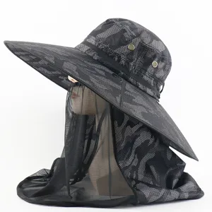 Camouflage sun hat with wide brim and anti-mosquito mesh veil for outdoor fishing and hiking