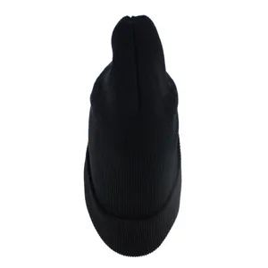 Black ribbed knit beanie close up detail, classic casual winter warm skull cap style.