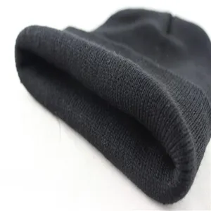 Close-up view of the black knitted beanie showing fine texture, comfortable and warm winter hat.