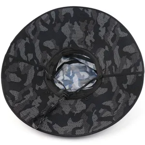 Outdoor camouflage wide-brim sun hat with adjustable drawstring, breathable mesh design for fishing.