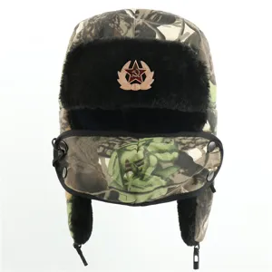 Soviet camo ushanka hat with detachable mask and warm plush ear flaps for winter outdoor wear.
