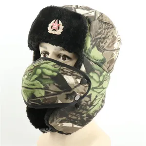 Winter camouflage ushanka hat with Soviet badge windproof warm bomber hat for outdoor sports