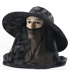 Outdoor camouflage bucket hat with wide brim and mosquito net veil for fishing and hiking.