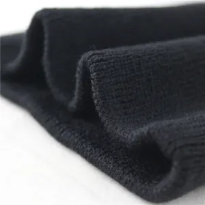 Black knitted beanie fabric detail main view showing soft texture and cozy winter hat material.