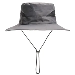 Mens outdoor sun protection bucket hat with breathable mesh and adjustable chin strap.