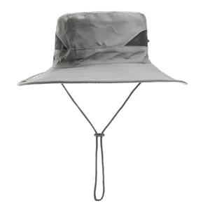 Grey outdoor hiking sun hat with breathable mesh panels and adjustable chin strap for men.