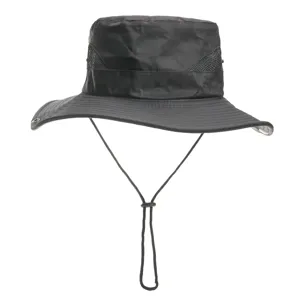 Men black outdoor sun protection bucket hat with breathable mesh and adjustable chin cord for hiking.