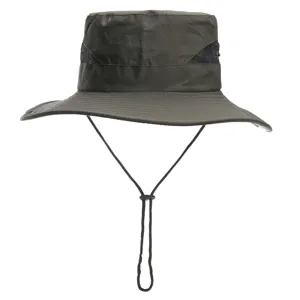 Detailed view of the dark green tactical bucket hat with breathable mesh and chin cord.