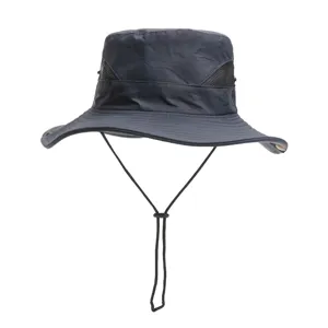 Dark grey outdoor sun hat detail featuring breathable mesh panels and adjustable chin cord.