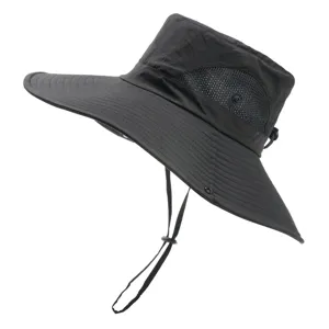Schwarzer Sonnenhut mit breiter Krempe für Outdoor, Wandern, Angeln mit atmungsaktivem Netz.