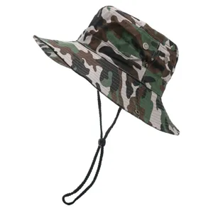 Closeup of camo bucket hat detail, outdoor sun protection fishing hat with adjustable cord.