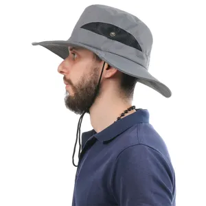 Outdoor sun protection bucket hat detail, breathable mesh design, grey summer hat for men.