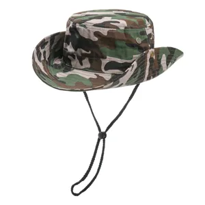Close-up detail of the camouflage outdoor sun hat showing adjustable chin strap and metal eyelets.