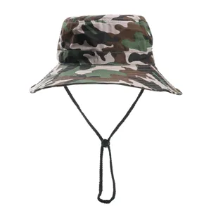 Closeup detail of the camouflage bucket hat featuring a wide brim and adjustable chin strap.