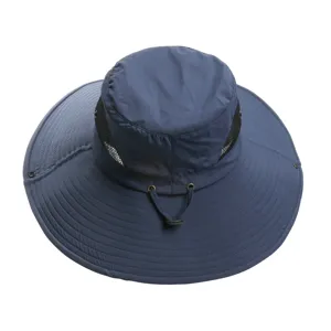Dunkelblaue Sonnenhut mit breiter Krempe für Outdoor-Angeln, Wandern und atmungsaktivem Mesh.