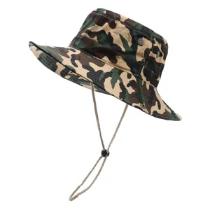 Detailed view of men's camo bucket hat, featuring adjustable chin strap and breathable eyelets.