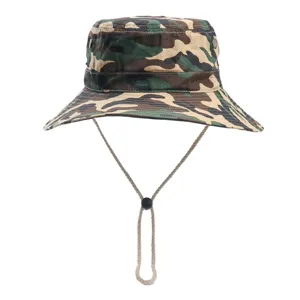 Detailed view of the tactical camouflage bucket hat with adjustable chin cord and grommets.
