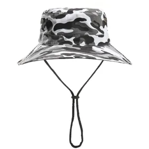 Detailed view of the white and grey camouflage sun hat featuring a wide brim and chin strap.