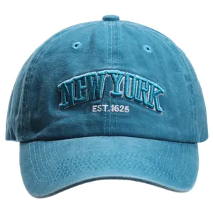 Close-up detail view of the blue washed cotton baseball cap front embroidery design.