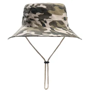Men's camouflage bucket hat, wide brim sun hat with adjustable drawstring for outdoor sports.