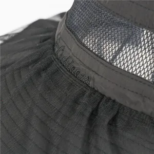Detailed close-up view of black outdoor mesh sun hat fabric texture and fine stitching.