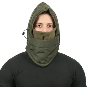 Close-up of olive green windproof fleece winter balaclava hood with adjustable drawstring.