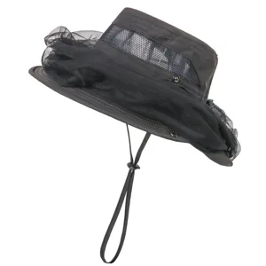 Black outdoor anti-mosquito sun hat with breathable mesh and adjustable drawstring.