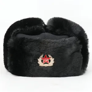 Black winter ushanka hat with red star badge, thick thermal cold weather bomber hat