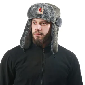 Soviet style ushanka winter hat with faux fur and red star badge for outdoor warmth.