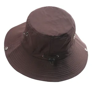 Close-up of the waterproof quick-dry bucket hat in dark brown with adjustable drawstring.