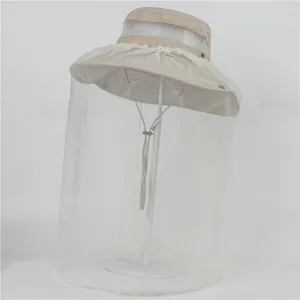 Outdoor mosquito-proof sun hat with breathable mesh veil and adjustable chin cord for fishing.