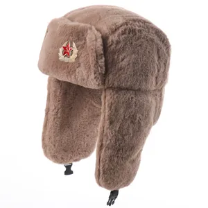 Brown faux fur ushanka winter hat with Soviet badge ear flaps warm trapper hat for outdoor