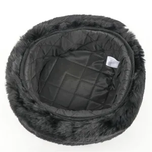 Black faux fur winter ushanka hat interior detail, warm quilted lining for cold weather.