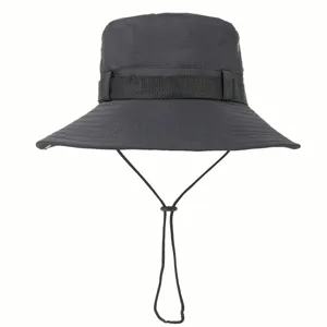 Detail view of a black outdoor sun hat, breathable bucket hat with wind cord and webbing design.