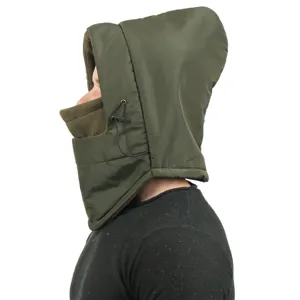 Outdoor windproof thermal fleece balaclava hood detail, waterproof fabric and adjustable drawstring.