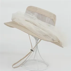 Outdoor anti-mosquito bucket hat detail, breathable mesh, khaki sun protection fishing cap.
