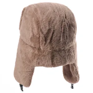 Brown faux fur ushanka hat for winter warmth, windproof bomber hat with ear flaps and buckles.