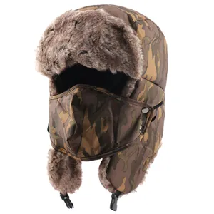 Detailed view of winter camo bomber hat featuring thick faux fur earflaps and windproof mask.