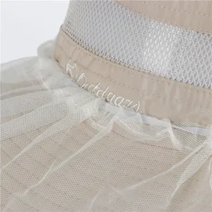 Close-up detail of outdoor anti-mosquito fishing hat mesh veil breathable khaki sun hat fabric