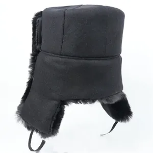 Thickened winter warm bomber hat with earflaps, windproof black wool outdoor thermal cap.