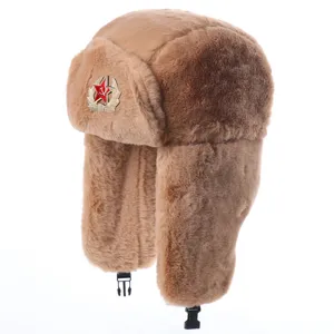 Brown faux fur ushanka winter warm bomber hat with classic Soviet star badge and earflaps