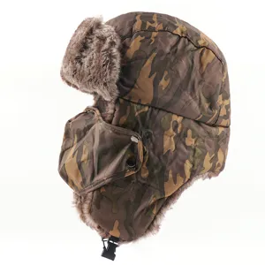 Windproof warm ushanka hat camo bomber hat with thick ear flaps for outdoor winter cold weather.