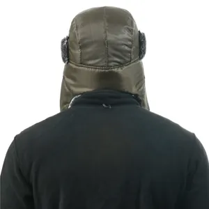 Back view detail of the winter windproof trapper ushanka hat in olive green with warm earflaps.