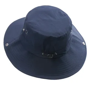 Dark blue outdoor sun protection bucket hat with adjustable drawstring and wide brim.