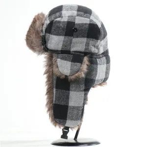Unisex black grey plaid ushanka bomber hat winter warm windproof ski ear protection
