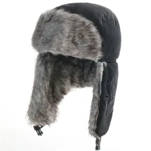 Classic black bomber hat with grey faux fur lining, windproof earflap winter warm hat.