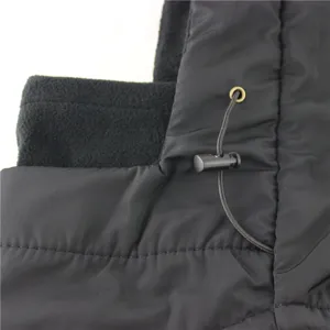 Close-up detail of black thermal fleece hood, showing water-repellent fabric and adjustable cord.